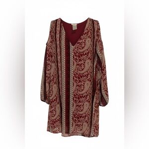 INTU Large Burgundy Print Long Sleeve Polyester Boho Style Tunic Casual Career